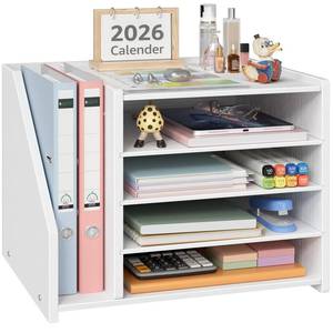 lot 9942 image: 4-Tier White Wood Desk Paper Organizer, Modern Desktop Letter Tray for File Folders, White Office Desk Shelf Accessories & Workspace Organizers for A4 Documents, Sturdy Wood Sorter