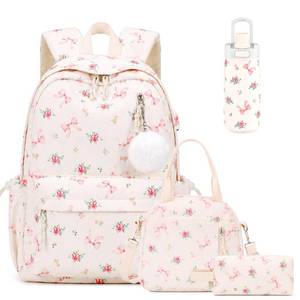 lot 9948 image: 4PCS Corduroy Girls Backpack w Water Bottle & Lunch Bag (Bow Tie Flower)