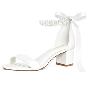 lot 9952 image: PIZZ ANNU Womens Low Block Chunky Heels Sandals Comfortable Open Toe Ankle Strap Pearl Bridal Dress Pump Shoes Bride Heeled Sandal, White Pearl 8 Wide
