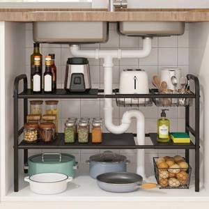 lot 9954 image: Expandable 2 Tier Under Sink Organizer, Black, 28.74-34.5 Inch Width