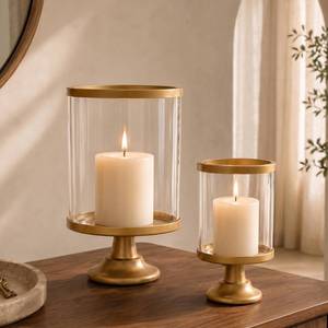 lot 9958 image: Gold Hurricane Candle Holder Set of 2 with Glass Cylinder for Pillar Candle