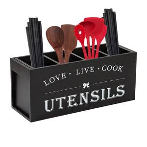 lot 9972 image: KZIADUIV Wooden Utensil Holder large organizer holder for kitchen Counter with 4 Compartments Extra Large Kitchen Canisters Cooking Spoon Holder Rustic Cooking Utensil Organizer Kitchen Decor Black