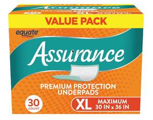 lot 9974 image: Goodscious Equate Assurance Unisex Premium Quilted Underpad - Incontinence Pads Absorbent Protective Bed Covers for Kids, Adults, Elderly Maximum Absorbency, XL, 30 Count White