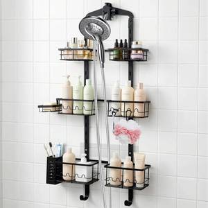 lot 9995 image: Marovitax Extra Large Shower Caddy Hanging, Rust-Resistant Shower Organizer Hanging, 3 Tier Height-Adjustable Over the Head Caddy, Rack with Soap Basket (Black)