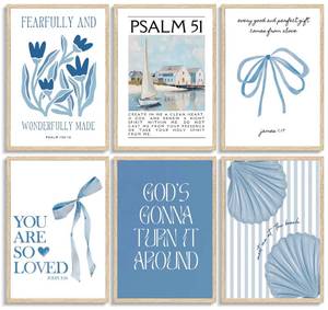 lot 10361 image: BaiSntg 6 Pcs Coastal Preppy Poster Wall Art,Blue Bow Picture Wall