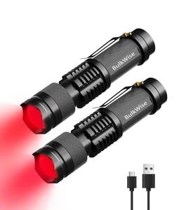 lot 10376 image: BulkWise Rechargeable Red Light Flashlight, Single Mode, Black, 2 Pack