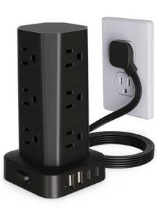 lot 10425 image: Power Strip Tower Surge Protector, 6FT Flat Plug Extension Cord with Multiple Outlets, 12 AC Outlets 4 USB (2 USB C), Desktop Charging Station with Surge Protection for Home Office Dorm Room, Black