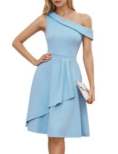 lot 10450 image: Dressystar Women One Shoulder Ruffle Wedding Guest Dress Spring A Line Wrap Knee Length Cocktail Formal Dresses with Pockets Light Blue L
