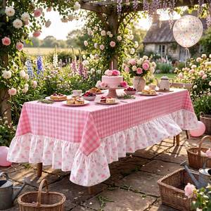 lot 11537 image: Moukeren Pink White Plaid Tablecloth 60x120