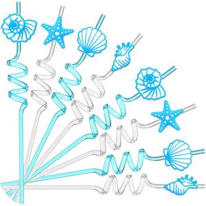 lot 11550 image: Chengu 24-Piece Blue Coastal Drinking Straws with Seashell Starfish