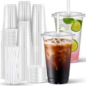 lot 13751 image: Charmount 24 oz Clear Plastic Cups with Lids and Straws (100-Pack)