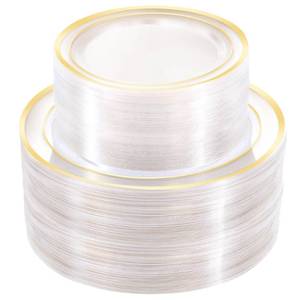 lot 19850 image: ROCOHANTI 200 PCS Clear Gold Plastic Plates, Gold Rimmed Disposable Party Plates Include 100 Dinner Plate and 100 Dessert Plate Perfect for Party, Holiday, Birthday, Wedding (Open Box, May Be Missing Pieces)