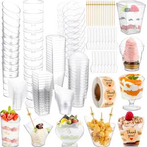 lot 19874 image: LemonRoad 300 Pack 2357oz Plastic Dessert Cups Set 8 Styles Clear Plastic Dessert Cups with 100 Spoons 100 Toothpicks 500 Sticker for Serving Fruit Trifle Mousse Ice Cream Pudding(Elegant)