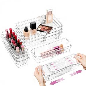 lot 19876 image: 16 Pcs Upgraded Extendable Clear Drawer Organizer, Adjustable Vanity Storage Box, 3-Size Desk Drawer Organizer, Durable Storage Bins for Makeup, Cosmetic, Bedroom Dressers Tool Organizer for Gadgets