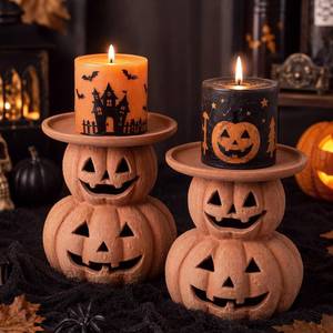 lot 19877 image: 2 Pcs Halloween Terracotta Pumpkin Candle Holder Jack O Lantern Table Decor (1 Broken)