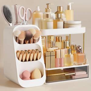 lot 19879 image: HBlife Bathroom Organizers and Storage with Brush Holder for Vanity, 3 Tier Plastic Makeup Organizer for Dresser Counter, Skincare, Lipstick, Perfume, and Cosmetic Storage