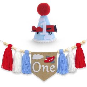 lot 20386 image: Airplane 1st Birthday High Chair Banner and Hat Aviator Tassel First Set