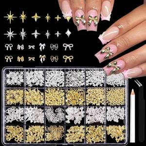 lot 20395 image: ITPOYOL Nail Art Charms, Gold & Silver Metal Star Nail Art Gems and Bow-Knot Nail Charms and Gems, Craft Jewels Nail Rhinestones Accessories Tweezers & Wax Pencils for Women DIY Manicure Decorations (Open Box, May Be Missing Pieces)