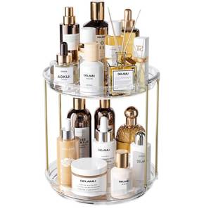 lot 20411 image: Delamu Rotating Makeup Organizer for Vanity, 2 Tier Bathroom Counter Organizer with Stackable Design, Spinning Skincare Organizer for Bathroom Countertop, Perfume Cosmetic Storage, Clear