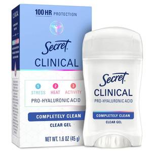 lot 20458 image: Secret Clinical Strength 100HR Sweat & Odor, Clear Gel Antiperspirant Deodorant for Women, 3X Stress Protection with Hyaluronic Acid, PH Balancing Minerals, Completely Clean Scent, 1.6 oz