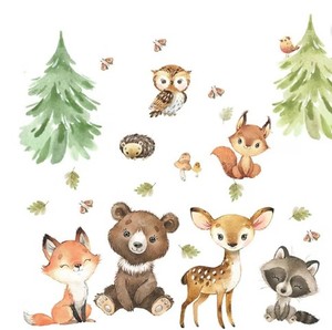 lot 20481 image: Woodland Wall Decals Stickers Peel and Stick for Baby Boys Girls Nursery Bedroom Netral Decor,Woodland Animals Wall Decals Stickers Forest Animals Bear Fox Owl Raccoon Deer