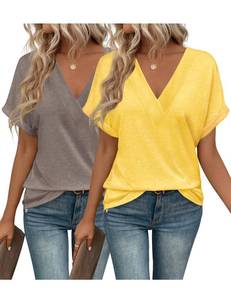 lot 2197 image: EyMuse 1 PCS Womens Fashion Tops V Neck T Shirts 2026 Short Sleeve Trendy Loose Fit Dressy Lightweight Soft Casual Summer Outfits Tees,TaupeYellow,M