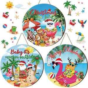 lot 2211 image: 3 Pcs Christmas in July Door Decorations Christmas in July Front Door Wreath Summer Beach Wooden Sign Flamingo Santa Beach Hawaiian Hanging Hanger for Farmhouse Home Summer Xmas Decor Supplies