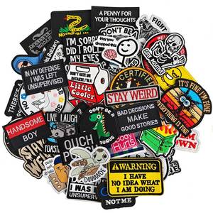 lot 2245 image: A 20 Pieces Random Funny Patches, Hook and Loop Humorous Funny Embroidered Meme Morale Patch, DIY Applique Accessories for Backpacks, Dog Harnesses, Army Vests, Hats, Helmets