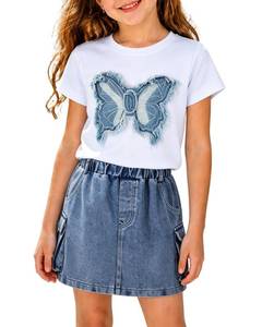 lot 2271 image: Azmxynol Girls Clothes Toddler Little Girl 2 Piece Summer Outfit Short Sleeve T Shirt with 3D Butterfly Embroidery  Denim Skirt Set Spring Cute Casual Clothing Size 4 5