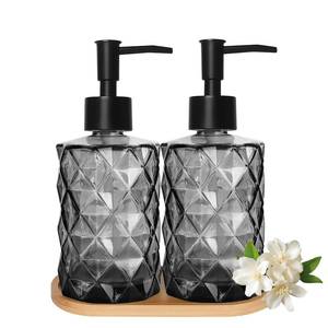 lot 2272 image: 12oz Black Glass Hand and Dish Soap Dispenser Set, Diamond Design, Set of 2