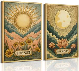 lot 7868 image: Pappus Sun and Moon Celestial Canvas Wall Art 2-Piece Set