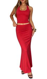 lot 8297 image: Lybiogs Womens Halter Crop Top and Maxi Skirt Set, Red S