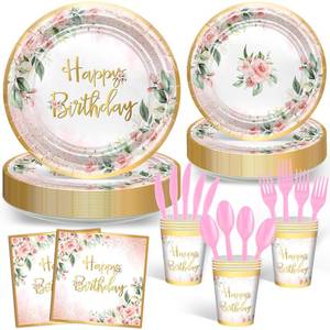 lot 8314 image: Avezano Rose Gold Floral Party Tableware Set for 24