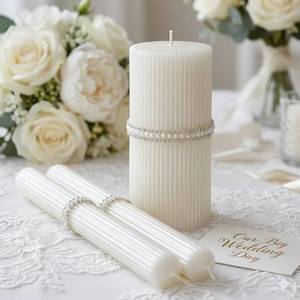 lot 9018 image: Magik Life Crystal Elegance Unity Candle Set for Wedding Ceremony & Reception, Ribbed Handmade White Unity Set 6 Pillar & Two 10 Tapers, Unscented Long Burning Unity Candles for Marriage Ritual