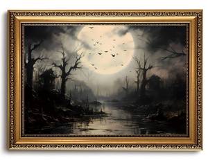 lot 9021 image: Vintage Gold Framed Wall Art Moody Halloween Canvas Art Prints