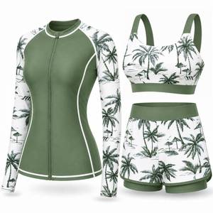 lot 10476 image: Daci 3 Piece Rash Guard Set with 3 Shorts, Green Palm Tree, X-Large