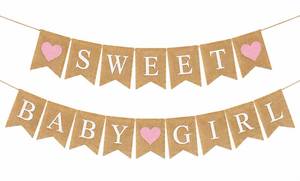 lot 10478 image: Shimmer Anna Shine Sweet Baby Girl Burlap Banner �� Rustic Sweet and Baby�� Girl across natural burlap flags (approx. 5 � 7) Party Decor with Soft Pink Hearts �� Baby Shower & Gender Reveal Ready