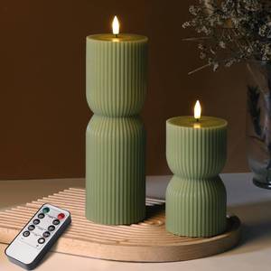 lot 13783 image: Girimax Olive Green Ribbed Flameless Pillar Candles Remote Set of 2