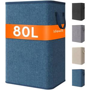 lot 17699 image: Lifewit 80L Large Laundry Basket with Handles, Dark Blue