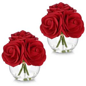 lot 17717 image: Hollyone Artificial Roses with Glass Vase 2-Pack