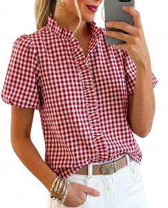 lot 18108 image: Peassa Womens Short Puff Sleeve Button Down Blouse