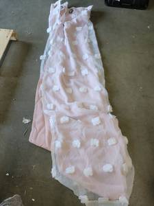 lot 19913 image: Pink Grommet Top Curtain Panel with White Pom-Pom Trim and Sheer Overlay (Approx. 50x80)