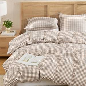 lot 19941 image: Andency Tan Gingham Duvet Cover King, Brown Checkered Plaid Bedding Set