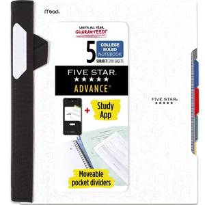 lot 2306 image: Five Star Advance Spiral Notebook  Study App, 5 Subject, College Ruled Paper, 8-12 x 11, 200 Sheets, Spiral Guard, Movable Tabbed Dividers, White (73154)