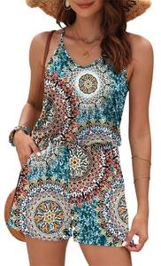 lot 6464 image: MISFAY Womens Summer V Neck Spaghetti Strap Rompers Short Jumpsuit PT GN, Size Unknown