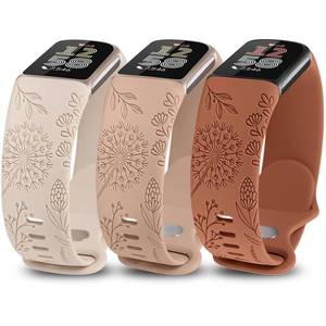 lot 20089 image: Minyee 3 Packs Floral Engraved Band Compatible with Fitbit Charge 6 BandsFitbit Charge 5 Bands Women, Cute Soft Silicone Dandelion Flower Pattern Sport Designer Fancy Summer Strap for Charge 65