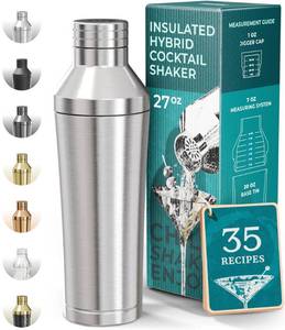 lot 20139 image: BARE BARREL Insulated Cocktail Shaker Set  Double Wall Stainless Steel  Martini Shaker for Home Bar Bartending  Built-in Drink Measure System & Strainer, Travel Bag, Recipes  Gift Set (Silver)