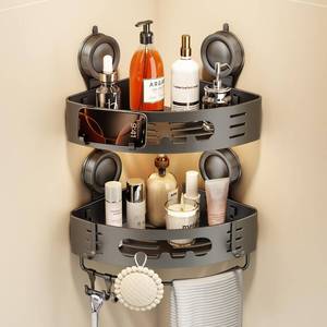 lot 1851 image: Voldra Corner Shower Caddy Suction Cup, Aluminum Corner Shower Shelves for Wall No Drilling, Large Suction Cup Shower Organizer with Towel Bar & Hooks Removable Bathroom Storage Rack(2 Pack-Gray)