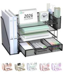 lot 1852 image: WALI Desk File Organizer, 4 Tier Desktop Paper Letter Tray Organizer with Drawer and 2 Pen Holders, Office Desk Accessories & Workspace Organizers for Office, Home Supplies(DO005DH-B), 1 Pack, Black