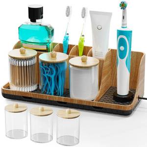 lot 1854 image: Bathrooms Toothbrush Holder Set with 3 PCS Qtip Holder (Wood Grain)